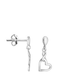 Orecchini in argento con design a cuore e un anello infinito, texture liscia e chiusura a perno. Semplici ed eleganti.