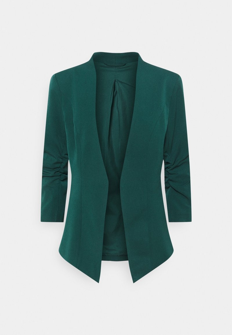 Blazer pour femme vert foncé avec manches trois-quarts froncées, devant ouvert et coupe ajustée, présenté sur fond blanc.