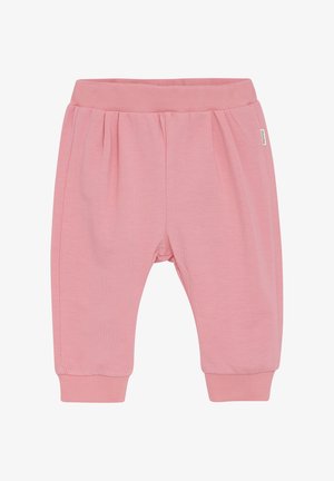 Rosa sweatpants med elastisk midja och muddar. Tillverkad av mjukt material med veck för komfort. Enkelt design med minimal branding.