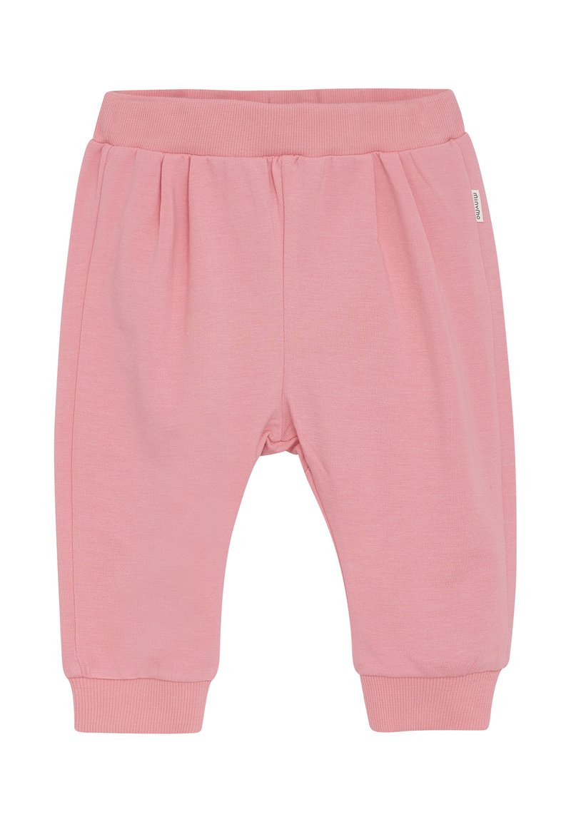 Rosa Sweatpants mit elastischem Bund und Bündchen. Hergestellt aus weichem Stoff mit Falten für mehr Komfort. Schlichtes Design mit minimaler Markenkennzeichnung.