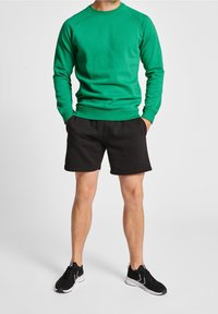 Felpa verde con polsini e orlo a costine, abbinata a pantaloni corti neri. Scarpe da ginnastica nere completano l'outfit. Look complessivo casual.