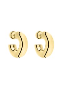 Goldene Creolen mit einem glatten, abgerundeten Design und einer schwarzen Akzentlinie. Sie verfügen über einen sicheren Steckverschluss für ein einfaches Tragen.