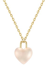 Zelta ķēdes kaklarota ar sirds formas, sasaldētu rozā aizdedzi. Aizdedzei ir zelta aizdaras mehānisma detaļa.