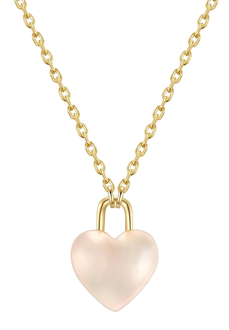 Zelta ķēdes kaklarota ar sirds formas, sasaldētu rozā aizdedzi. Aizdedzei ir zelta aizdaras mehānisma detaļa.