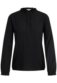 Blusa nera a maniche lunghe con scollo volante, patta frontale e polsini arricciati, realizzata in un morbido tessuto testurizzato.