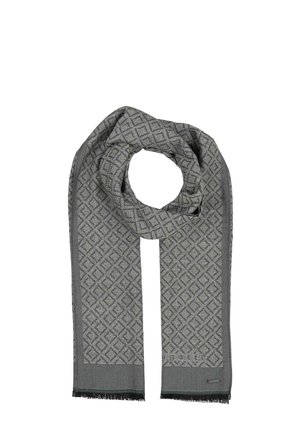 Gray scarf featuring a diamond pattern, textured fabric, and fringed edges. Includes a logo tag and a contrasting border design.