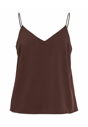 Brūns piedurkņu topiņš ar plānām aukliņām un V-veida kakla izgriezumu, izgatavots no gludas, vieglas auduma.