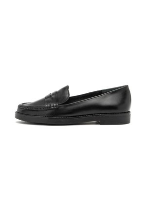Black leather loafers with a smooth finish, round toe, and stitched detailing. Flat rubber sole and a low-profile design.