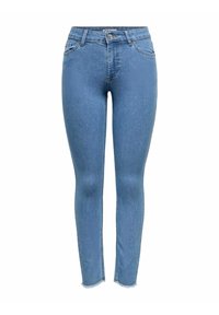 Pantalones vaqueros de mezclilla azul delgado con cintura alta, diseño de cinco bolsillos y dobladillo deshilachado. Textura suave y acabado azul clásico.