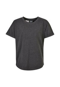 Mørkegrå kortærmet T-shirt med rund hals og oprullede ærmer, i en afslappet pasform, præsenteret på en hvid baggrund.