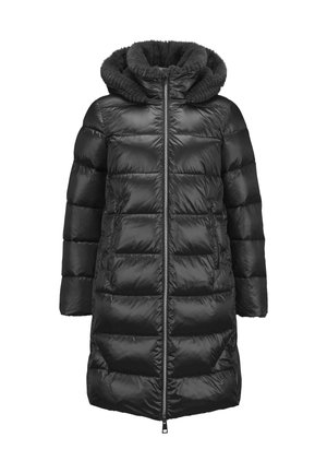 Schwarzer gesteppter langer Puffermantel mit Frontreißverschluss, zwei Reißverschluss-Taschen und einer großen Kapuze, die mit weichem Fleece gefüttert ist.