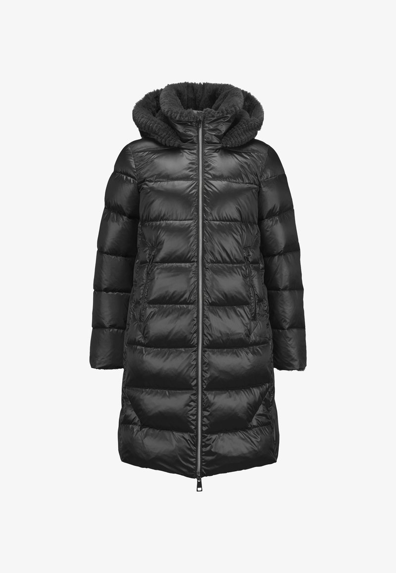 Schwarzer gesteppter langer Puffermantel mit Frontreißverschluss, zwei Reißverschluss-Taschen und einer großen Kapuze, die mit weichem Fleece gefüttert ist.