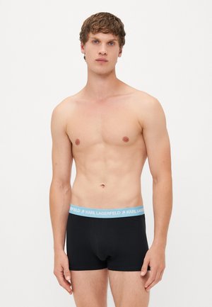 Schwarze Baumwoll-Boxershorts mit einem hellblauen Bund, der das Logo "KARL LAGERFELD" zeigt. Entworfen für eine figurnahe und bequeme Passform.