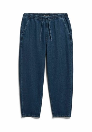 Dunkelblaue Denim-Jogginghosen mit elastischem Bund und Kordelzug, ausgestattet mit Fronttaschen und entspannt zulaufenden Beinen.