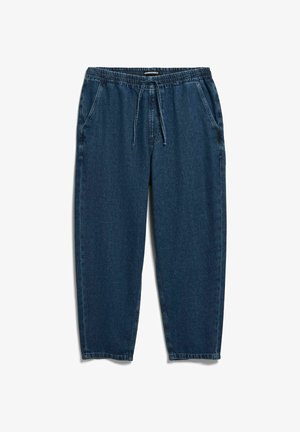 Pantalon jogger en denim bleu foncé avec taille élastique et cordon de serrage, doté de poches avant et de jambes évasées relaxées.