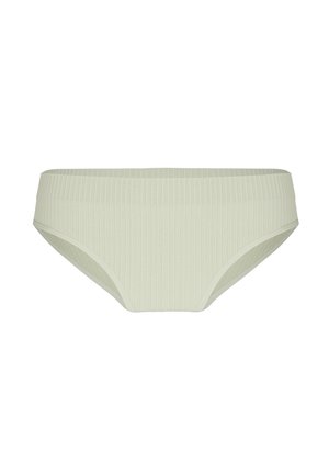 Lichtbeige geribd stoffen damesbikini-ondergoed met een hoge tailleband en elastische beenopeningen.