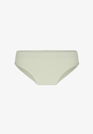 Lichtbeige geribd stoffen damesbikini-ondergoed met een hoge tailleband en elastische beenopeningen.