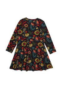 Langärmeliges Kleid aus schwarzer Baumwolle mit bunten Blumen- und Pflanzenmustern. ausgestellter Rock mit rundem Ausschnitt.