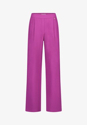 Pink wide-leg trousers with a smooth texture, featuring a front pleat and a small gold accent on the waistband.