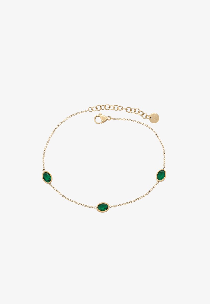 Arany lánc karkötő, három ovális zöld drágakővel, mindegyik arany bevonattal, állítható csattal és hosszabbító lánccal.