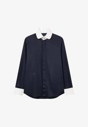 Long-sleeve black shirt with white collar and cuffs, buttoned front, displayed on a white background.