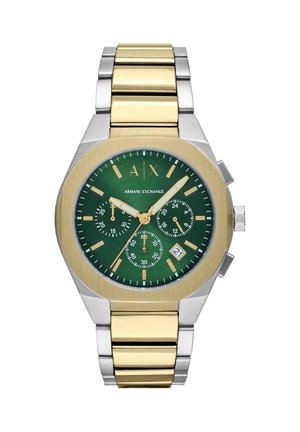 Twee-kleurig Armani Exchange polshorloge met groene wijzerplaat, gouden indexen, drie subdials, datumvenster en zilver-gouden metalen band.