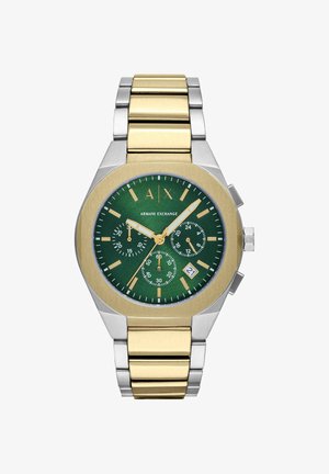 Twee-kleurig Armani Exchange polshorloge met groene wijzerplaat, gouden indexen, drie subdials, datumvenster en zilver-gouden metalen band.