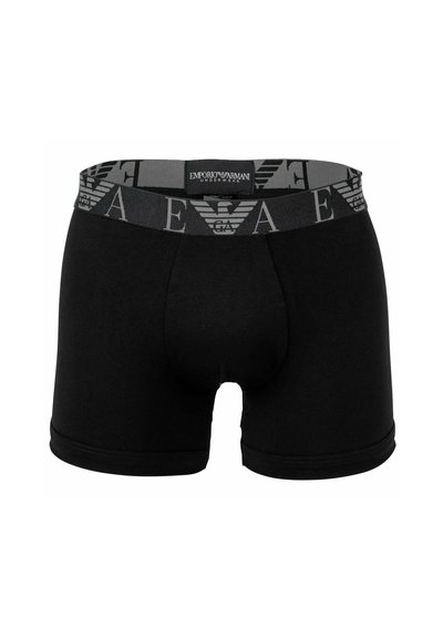 Zwarte boxershorts met een grijze elastische tailleband, voorzien van een herhaald logo patroon en een ontwerp met een voorvak, gemaakt van zachte stof.