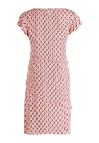 Robe rose à motifs avec des lignes ondulées en marine. Manches courtes flottantes et détail d'ourlet en couches. Fermeture à boutons dans le dos avec trou de serrure.