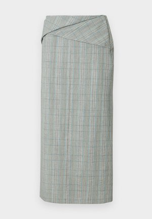 Knee-length pencil skirt with vertical gray and blue pinstripes and an asymmetrical folded waistband detail.