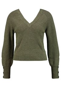 Maglione lavorato a maglia verde oliva con scollatura a V, texture a coste, cuciture sulle spalle insetate e dettagli in bottone sulle maniche.