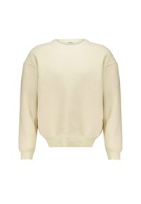 Crème kleurige trui met een ronde halslijn, verlaagde schouders, textuur gebreid, en geribde zoom en manchetten. Zacht materiaal met minimale details.