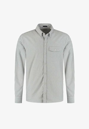 Moška srajca z dolgimi rokavi in gumbi, v sivo-belih navpičnih črtah, z žepom na gumb na levem prsnem delu.