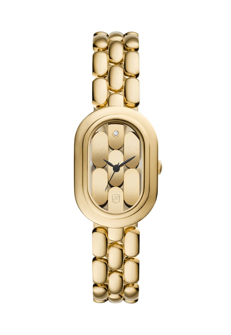 Montre en or avec un boîtier ovale, une finition brillante et un bracelet à maillons. Présente un cadran minimaliste, des aiguilles noires et un accent en diamant à 12 heures.