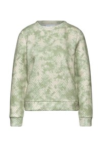 Grön och krämfärgad tie-dye sweatshirt med en texturerad herringbone-mönster, rundad halsringning och ribbade ärmslut och nederkant.