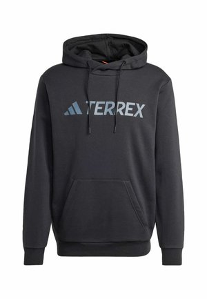 Svart hoodie i mjukt tyg, med en kenguruficka, dragsko och en framträdande ljusgrå "TERREX"-logotyp över bröstet.