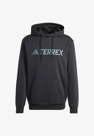 Black hoodie made of soft fabric, featuring a kangaroo pocket, drawstrings, and a prominent light gray "TERREX" logo across the chest.