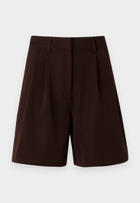 Brune shorts med et skreddersydd design med folder, laget av et glatt stoff. Avsluttet med linning og ingen synlige lommer.