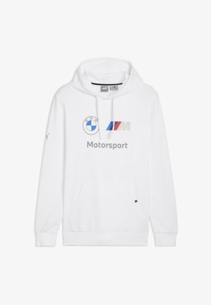 Bijela hoodie izrađena od mekanog materijala, s BMW logotipom i natpisom "Motorsport" u sivoj boji, s kengur džepom i kapuljačom s vezicama.
