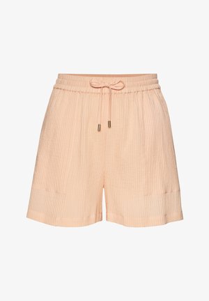 Helle Pfirsichfarbene Shorts aus geripptem Stoff mit elastischem Bund und Kordelzug, der an den Enden mit Metallspitzen versehen ist, und zwei Vordertaschen.