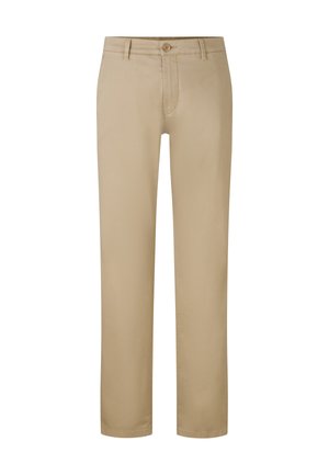 Beige Chinos mit geradem Schnitt, ausgestattet mit einem vorderen Knopfverschluss, dezenten Nähten und ohne sichtbare Muster oder Verzierungen.