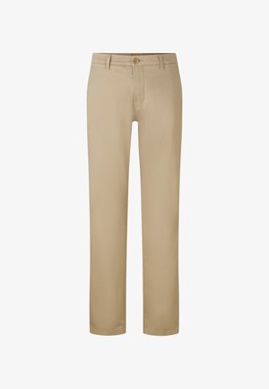 Beige chinos met een rechte pasvorm, voorzien van een sluiting met een knoop aan de voorkant, subtiele stiksels en geen zichtbare patronen of versieringen.