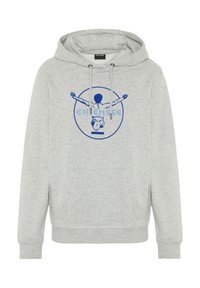 Gray hoodie with a drawstring and front pocket. Features a blue graphic print of a figure with outstretched arms, framed in a circle.