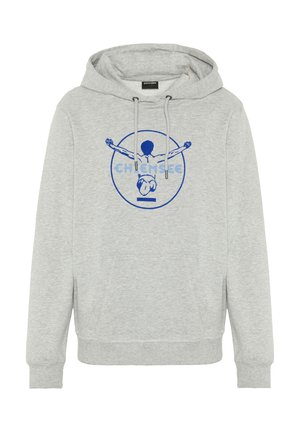 Gray hoodie with a drawstring and front pocket. Features a blue graphic print of a figure with outstretched arms, framed in a circle.