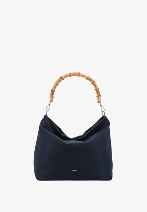 Navy blue fabric handbag with a knotted design, featuring a bamboo handle and metal hardware, displaying a small logo in gold.