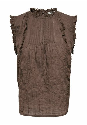 Rjava brezrokavna bluzica z nabranimi robovi na ramenih in izrezu, ki ima navpične teksturirane črte in nagubano obdelavo spredaj.