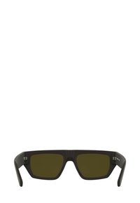 Okulary przeciwsłoneczne z prostokątną oprawką, wykonane z ciemnego matowego czarnego materiału, z zielonymi soczewkami i minimalistycznymi ozdobami na zausznikach.
