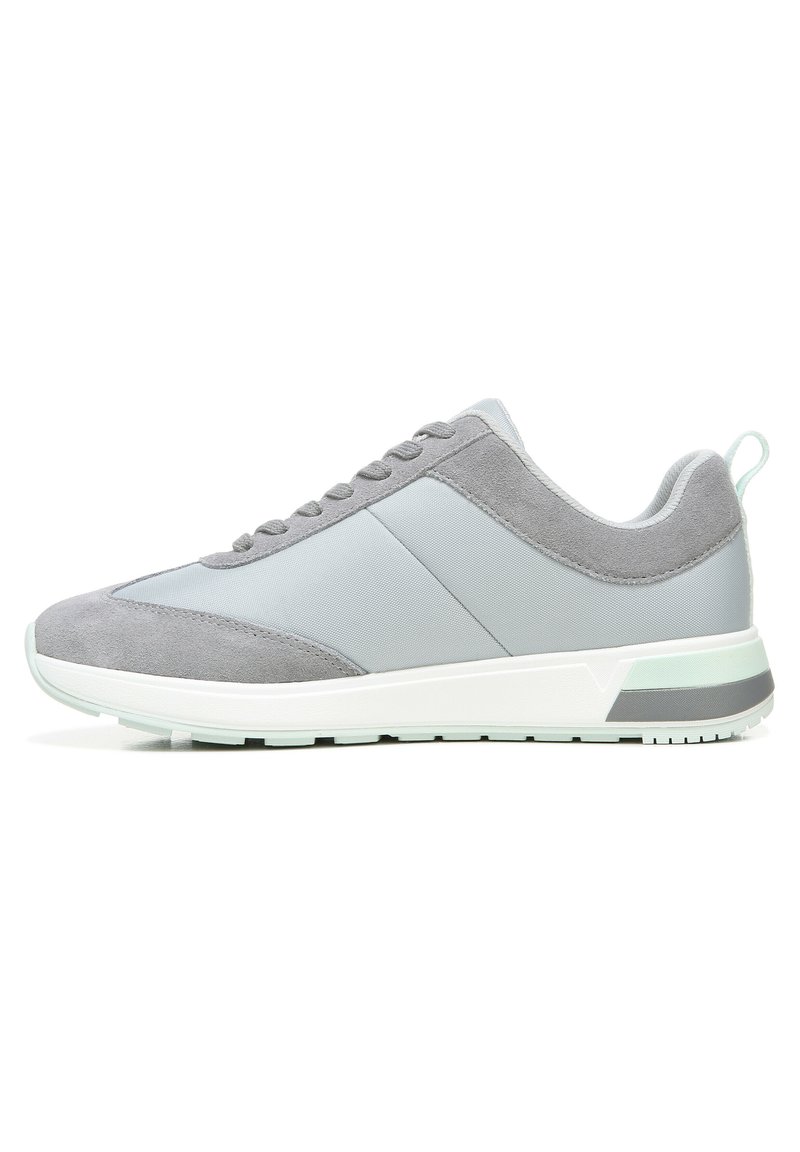 Gray athletic shoe with suede and textile upper, lace-up design, light green accents, cushioned sole, and textured rubber outsole.