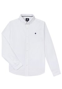 Camisa de botones de manga larga blanca, hecha de algodón, con un cuello clásico y un logo de árbol en color marino bordado en el pecho.