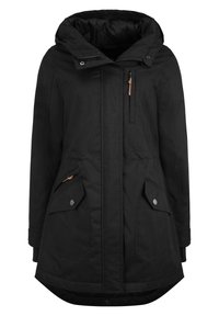 Parka noire avec une capuche spacieuse, fermeture éclair sur le devant, deux poches latérales et un accent en cuir sur la fermeture éclair. Tissu durable avec une texture subtile.